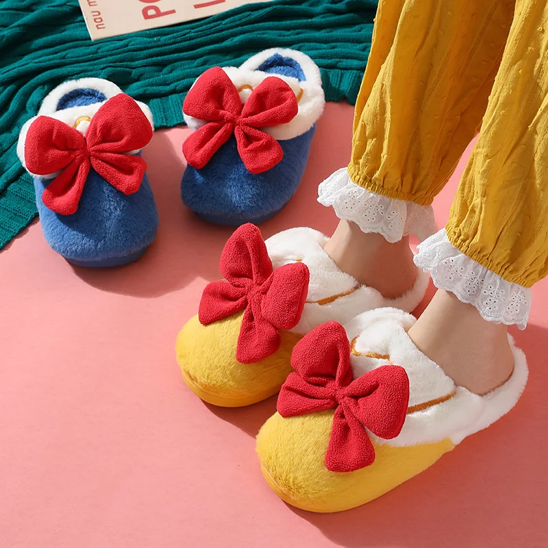 Warm Winter  women Home Slippers Indoor Funny Plush ladies Slides Casual Cute  Soft cartoon girl Floor bowknot cotton slippers