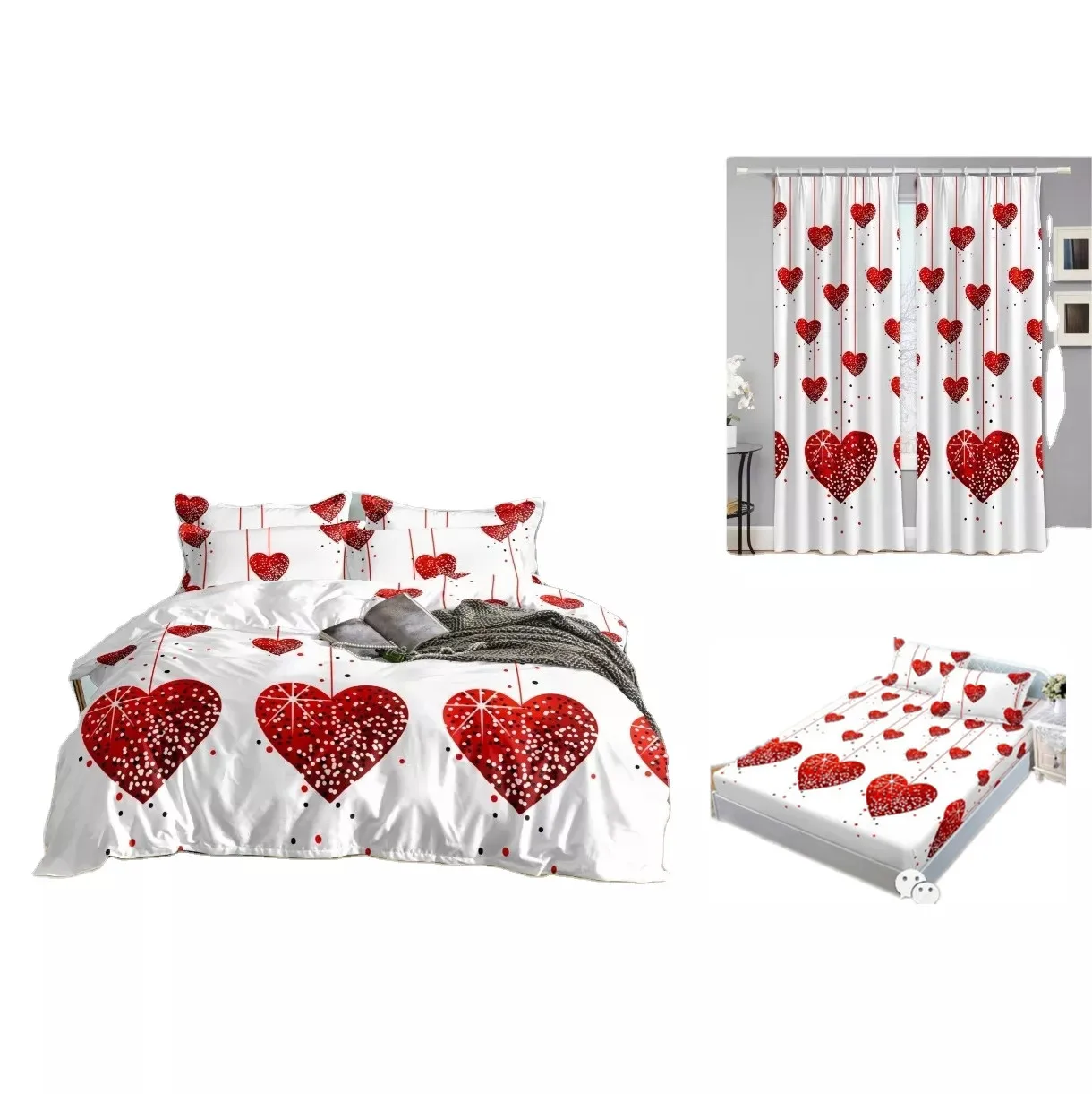 Customized 100% Polyester Printed Heart Love Patterns Bed Sheet Bedroom bedding Set Matching Curtain
