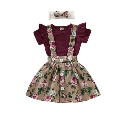 
3pcs Set Baby Girl Dresses Solid Short Top + Print Dress Toddler Kid Baby Girl Clothes Floral Skirt Fashion Outfit 