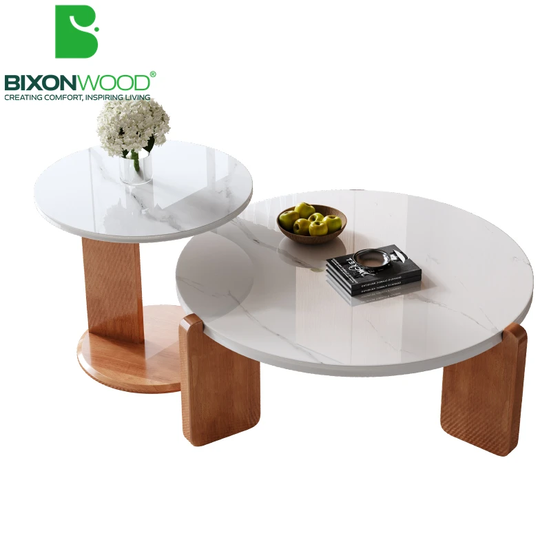 BIXONWOOD Modern Minimalist Marble Slab Stone Top Coffee Table Modern Simple Solid Wooden Base Sintered Coffee Table For Home