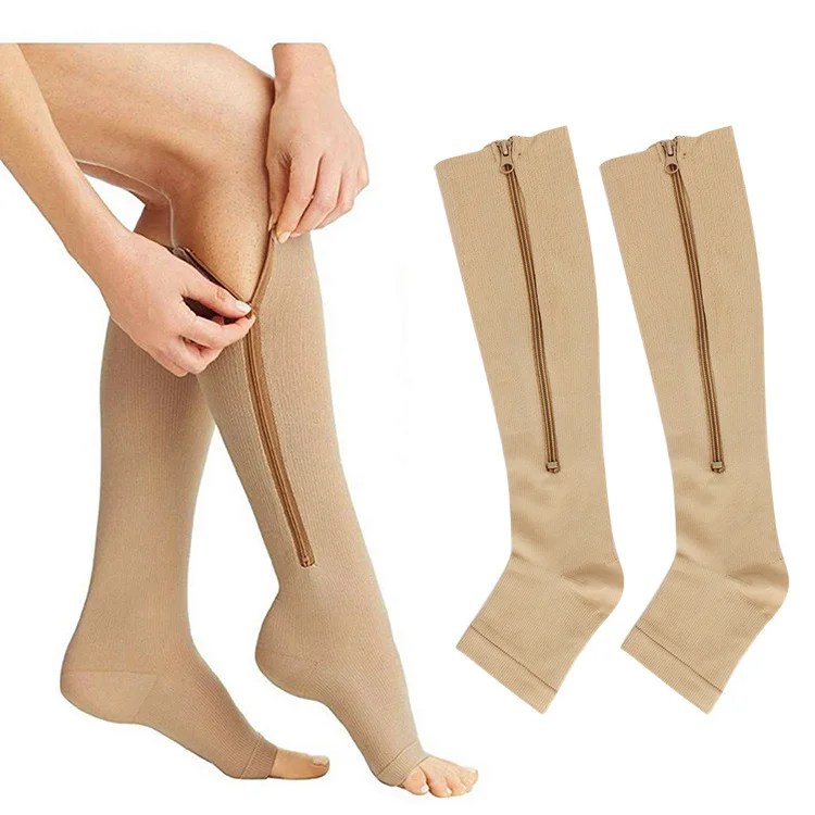 Sports Medical Anti-varicose Open Toe Zipper Stocking 20-30 mmHg Knee High Long Compression Socks