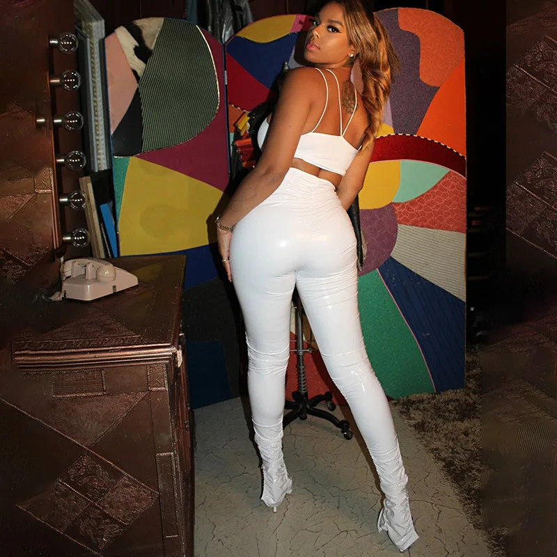 Wholesale new arrivals ladies fall winter clothes sexy high waisted pink red PU leather trousers split pants for women