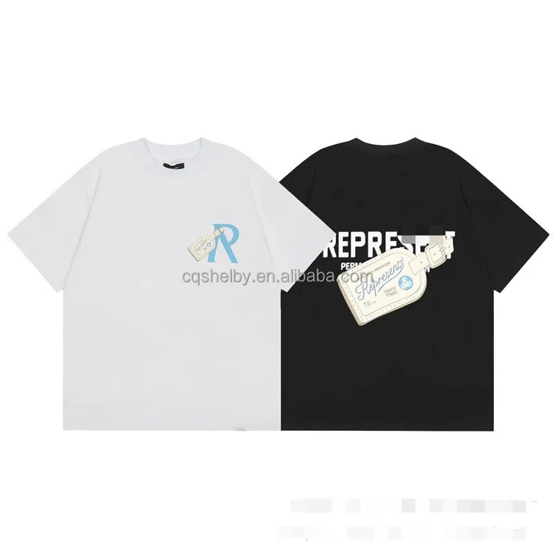100% Cotton High Quality Round Neck Represent Leather Label Alphabet Printed Graffiti Street Trend Couple Unisex T-shirt