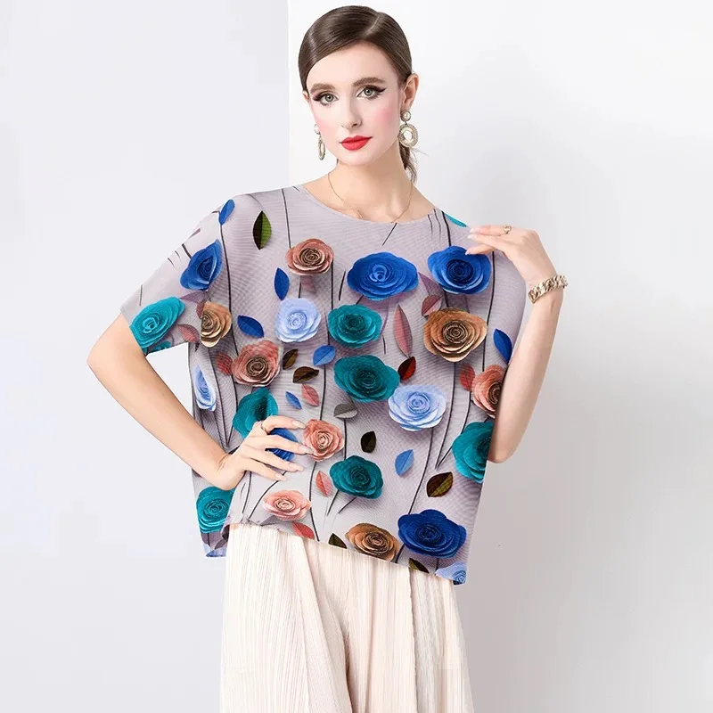 Miyake Pleated Flower Summer Korea Shirt Women Cool Plus Loose Size Chiffon Top Female Florar 3D Printed Tshirt Clothing