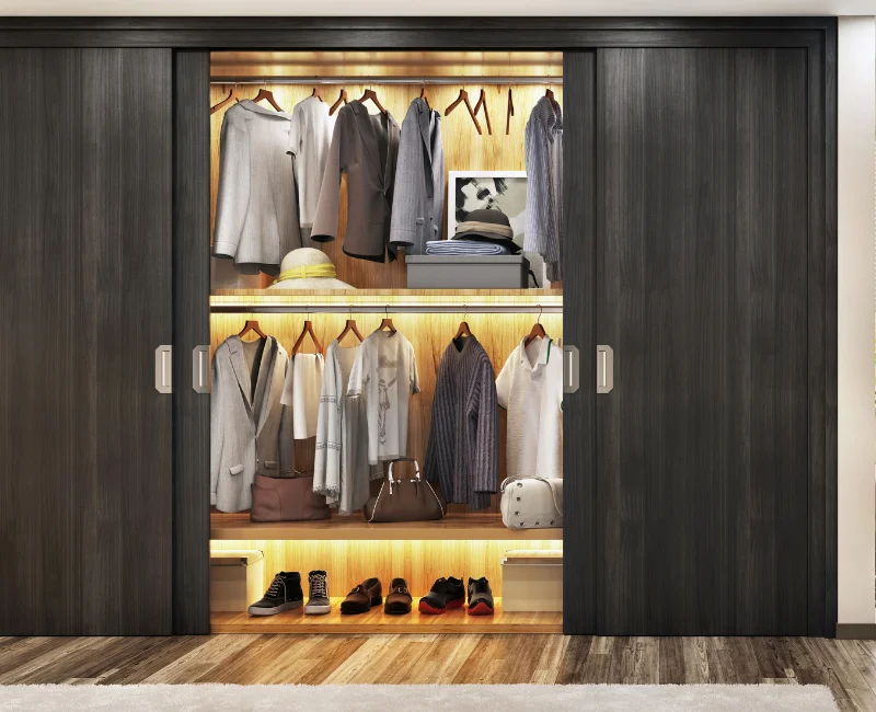 Modern Custom Solid Wood Bedroom Wardrobe Furniture with Glass Door and Slide System Oak Finish Walk-in Kitchen Cabinets