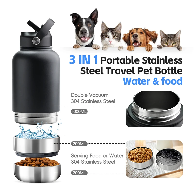 Custom logo Portable 32 oz 32oz pet feeder Travel small animal Stainless Steel double wall Insulated Dog Water Bottle