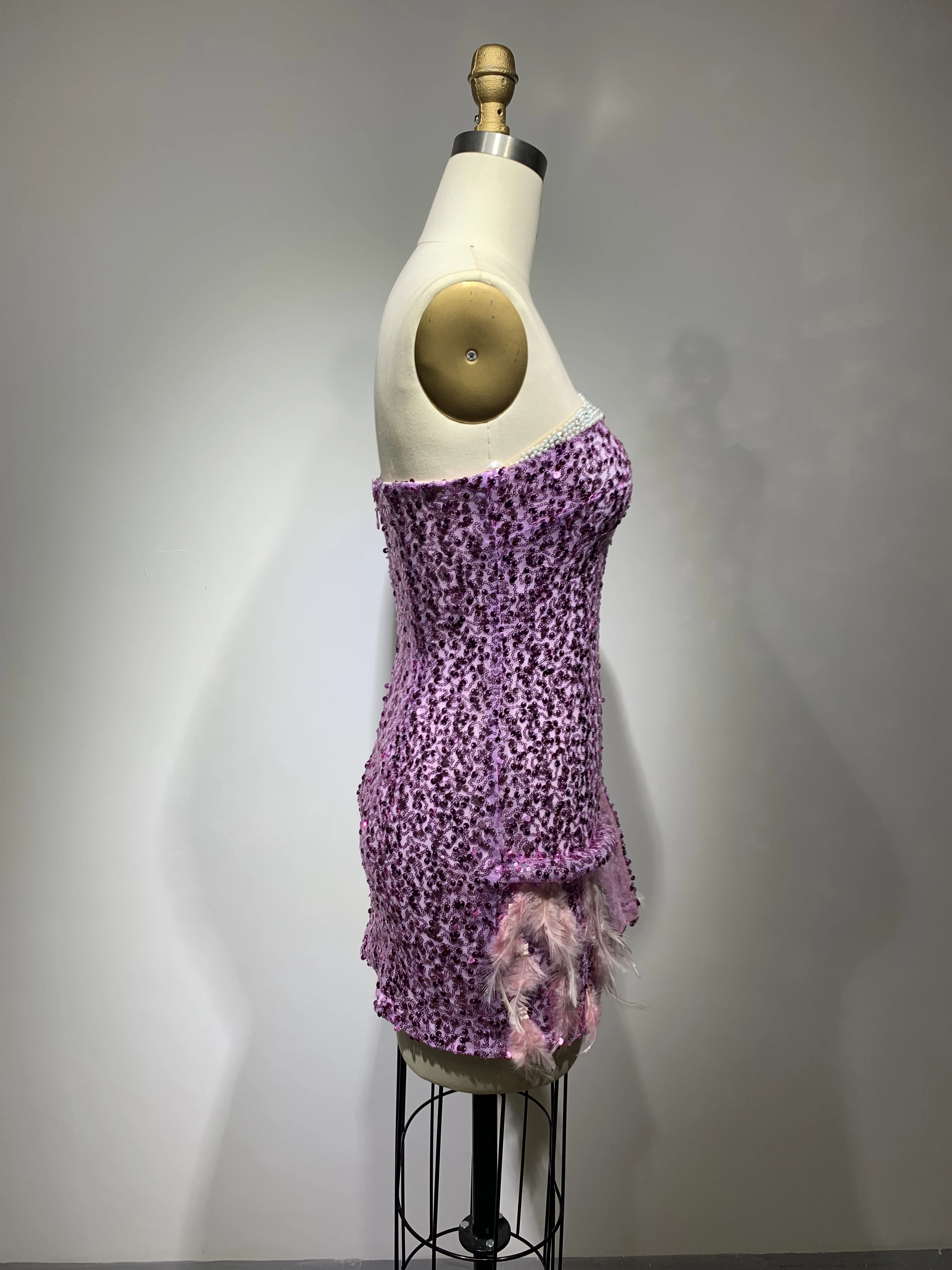 Top Quality Celebrity  Crystal Slip Feathers Sequins Night Club Bodycon Party Dress