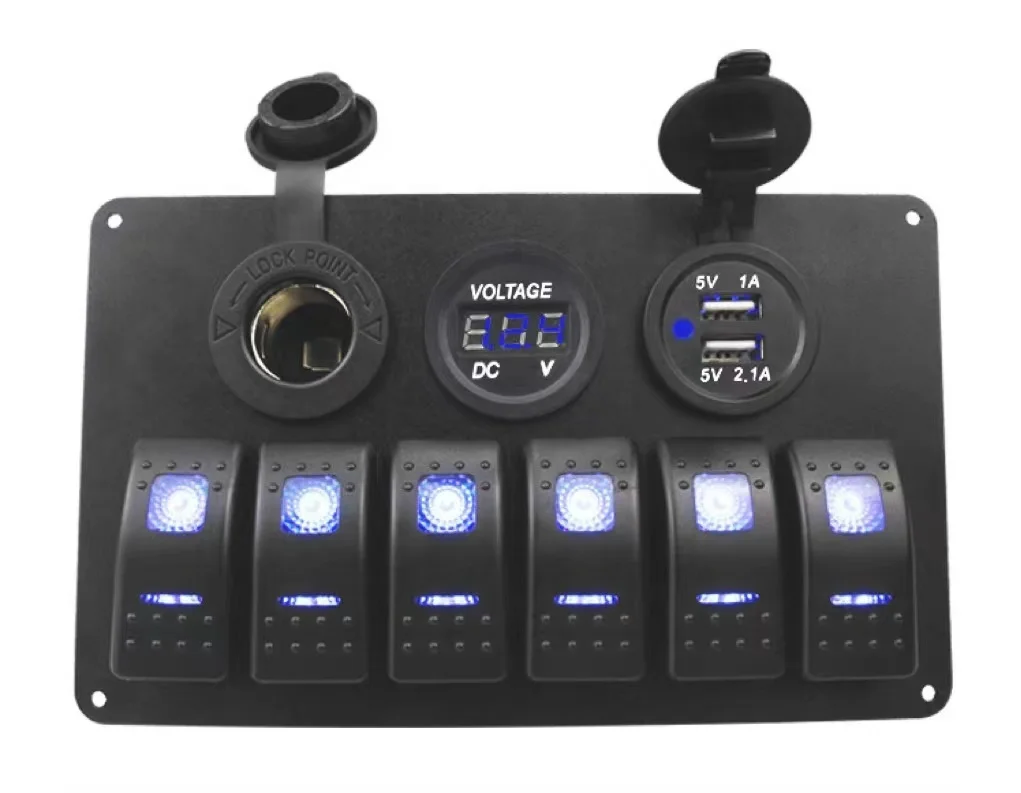 Waterproof 12V 24V 6 Gang Switch Aluminum Car Truck Switch Panel With Cigarette Lighter Adapter Dual USB And Voltmeter