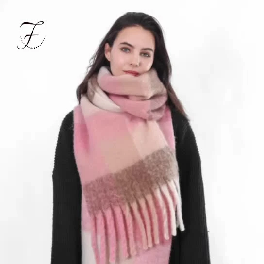 FIONA Custom Chunky New Tassel Large Blanket Fashion Scarf for Women Thick Warm Cozy Plaid Mohair Tartan Super Soft Shawl