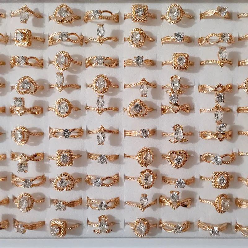 bulk sale cheap wedding diamond women ring jewelry korean style zinc alloy KC gold zirconia patterned rings for girls