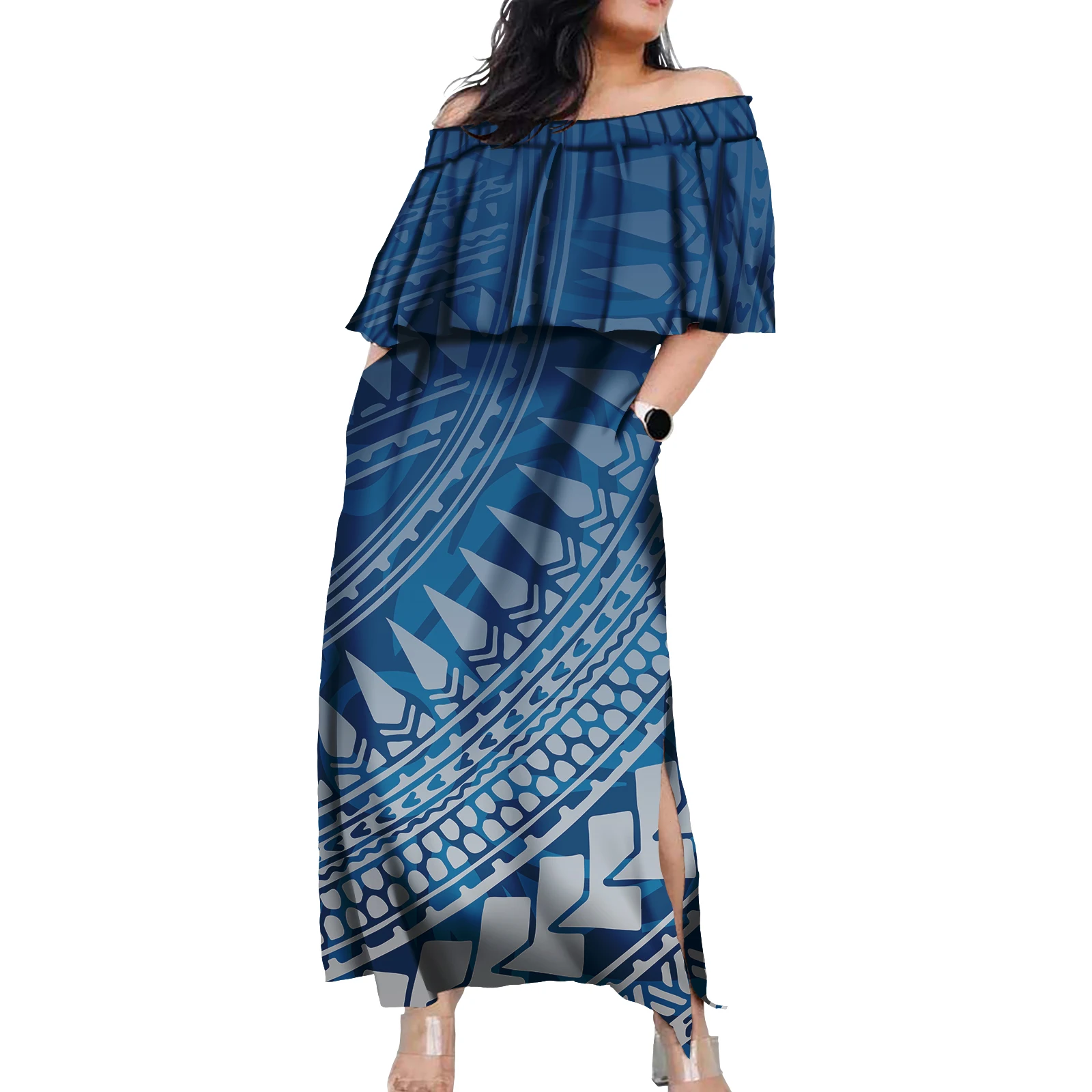 Ruffles Fashion Puletasi Samoa Hawaiian Dress Polynesian Tribal Puletasi Tatau Pattern Casual Swing Occasions Dresses