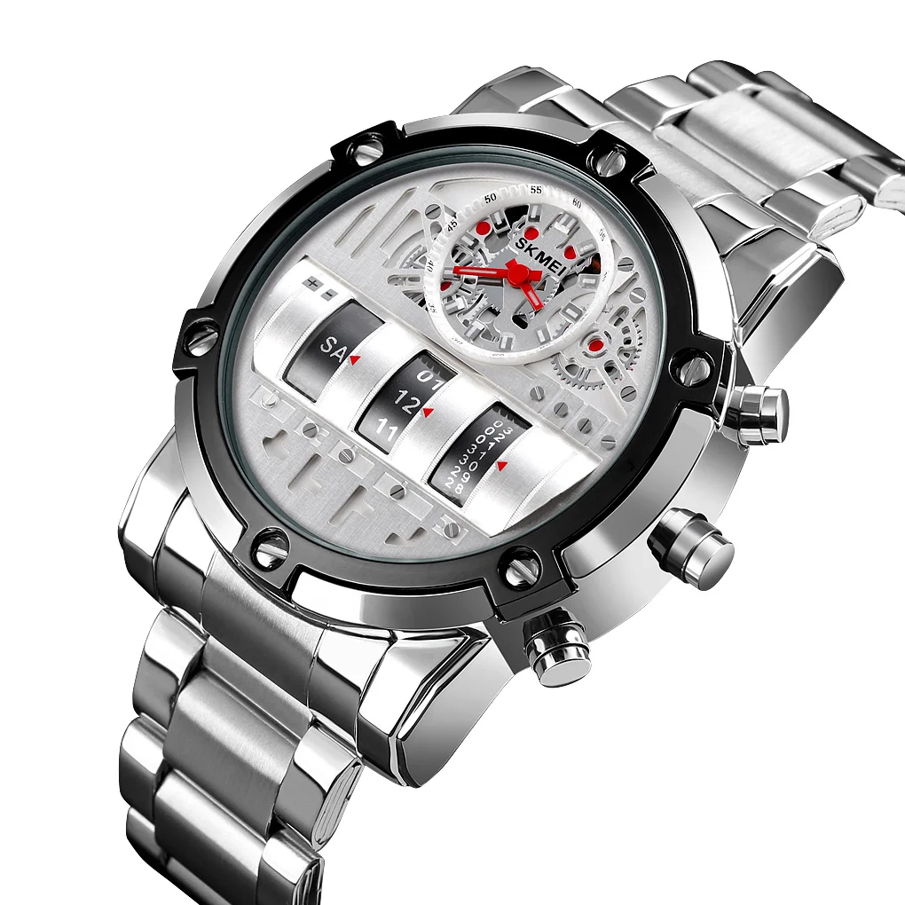 Creative Men Quartz wristwatches Drums dial reloj skmei good quality Stainless steel strap sports watch