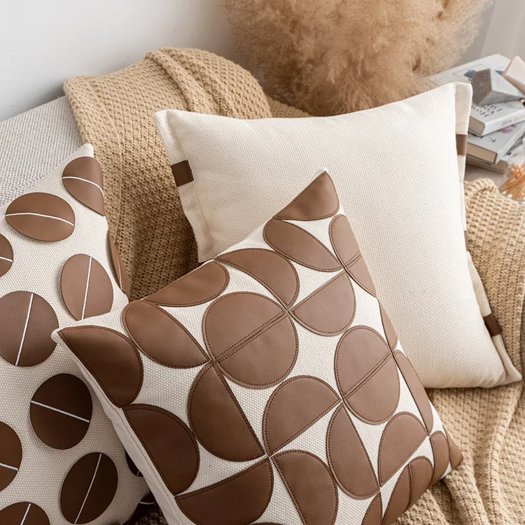 Autumn Winter Brown Patchwork Geometric Cushion Cover Luxury PU Velvet Embroidery Throw Pillowcase