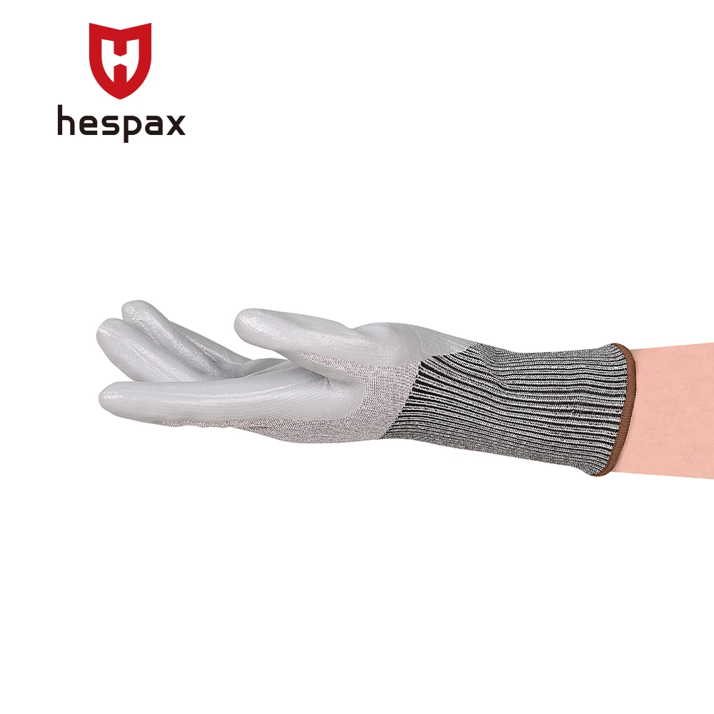 Hespax High Quality HPPE Steel Fiber Smooth Nitrile Palm Coated Extended Long Wrist Cut Resistant Safety Gloves industrial Work