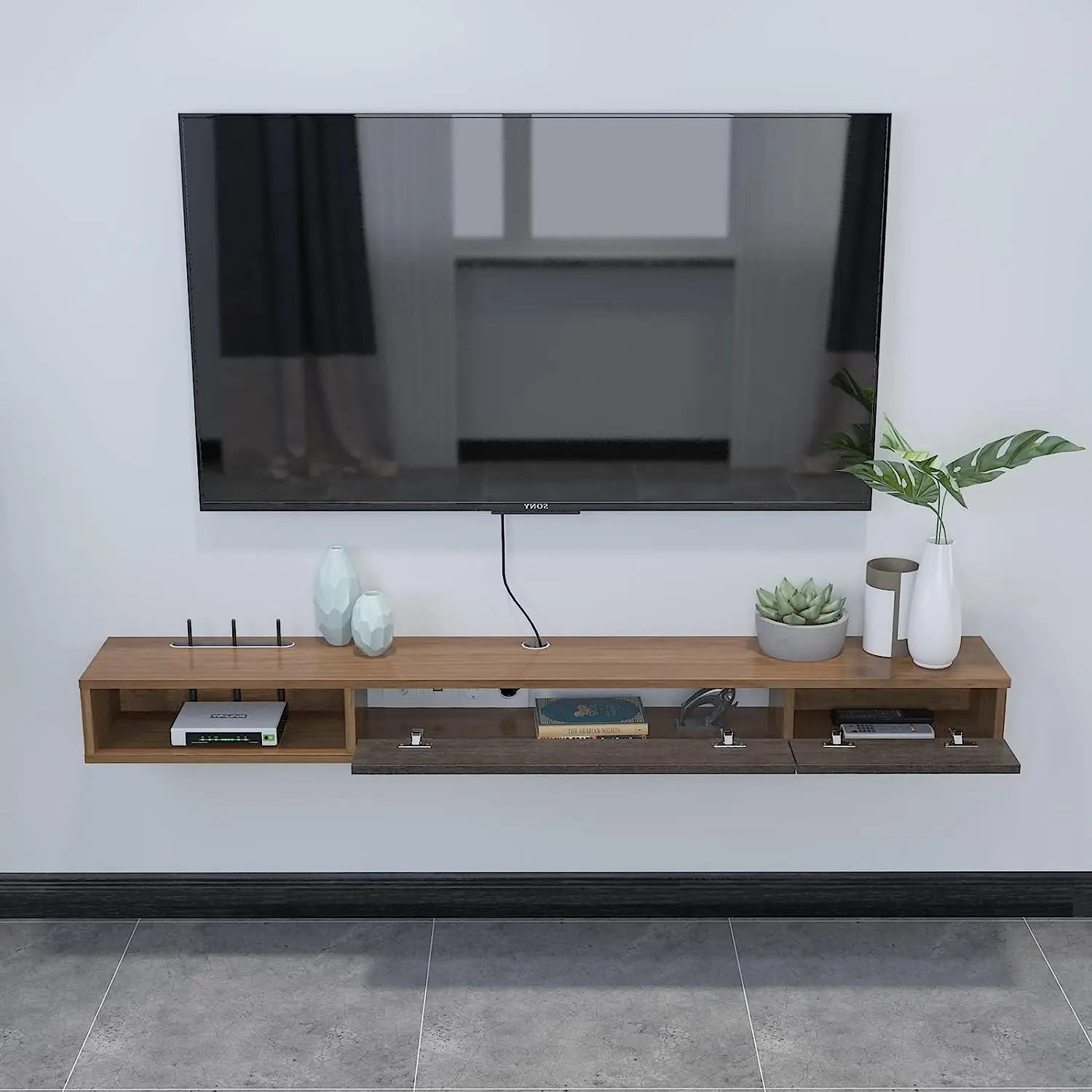 Wall Mounted TV Cabinet Floating Shelves with 2 Doors Modern Media Console Center TV Bench for Living Room & Office