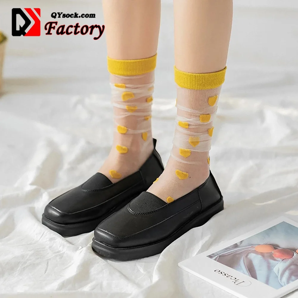 Korean Heart Love Tulle Glass Silk Socks Women Summer New Ladies Lace Transparent Ultra-thin Mesh Colorful Nylon Sheer Socks