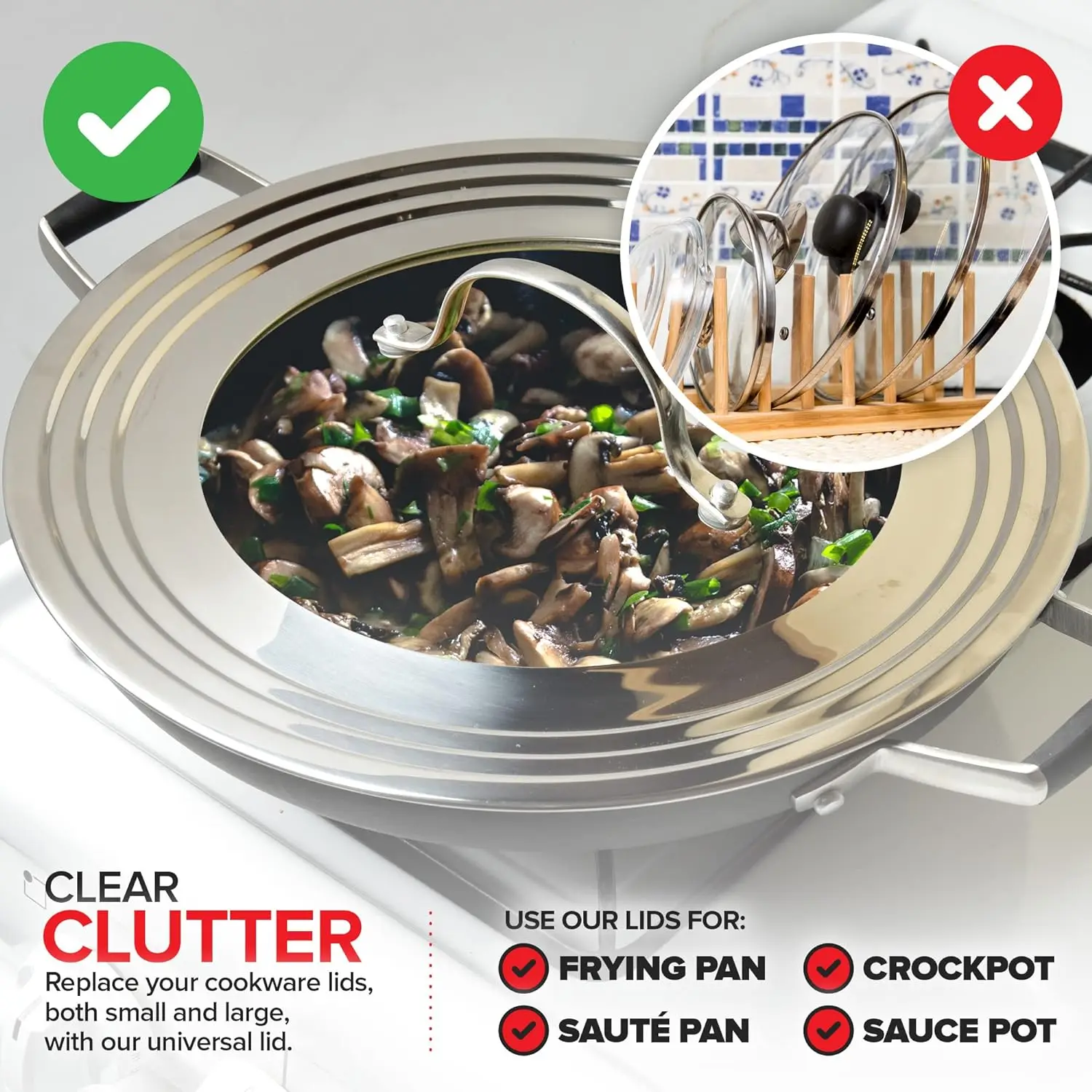 Universal Tempered Glass Lid for Pots & Pans Fits 8.25-12 Inch Stainless Steel Cookware