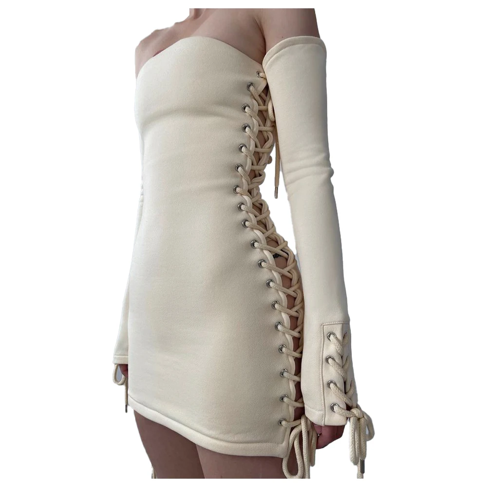 Лето 6429, популярное женское платье-жилет с двойным шнурком, модное пикантное мини-платье с квадратным вырезом и открытыми плечами и длинным рукавом, 2022