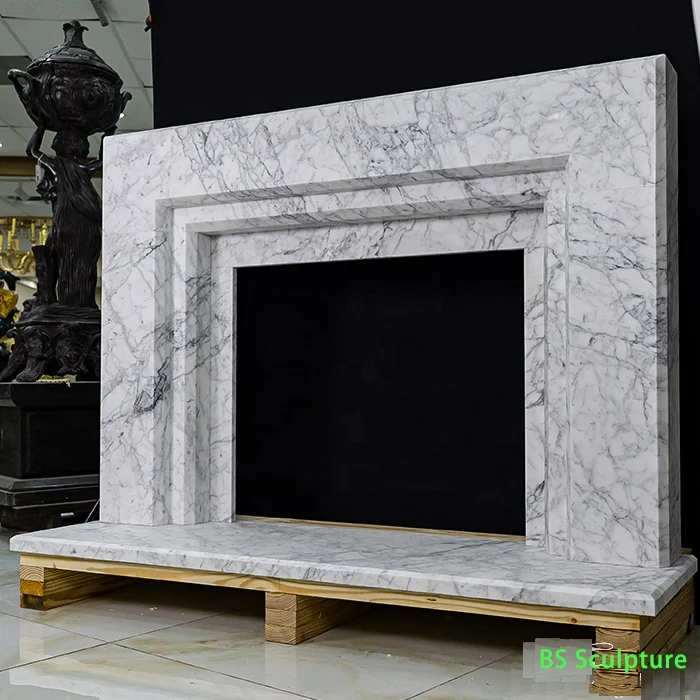 Luxury Italian Calacatta White Marble Freiplace Mantel Modern Sculpture