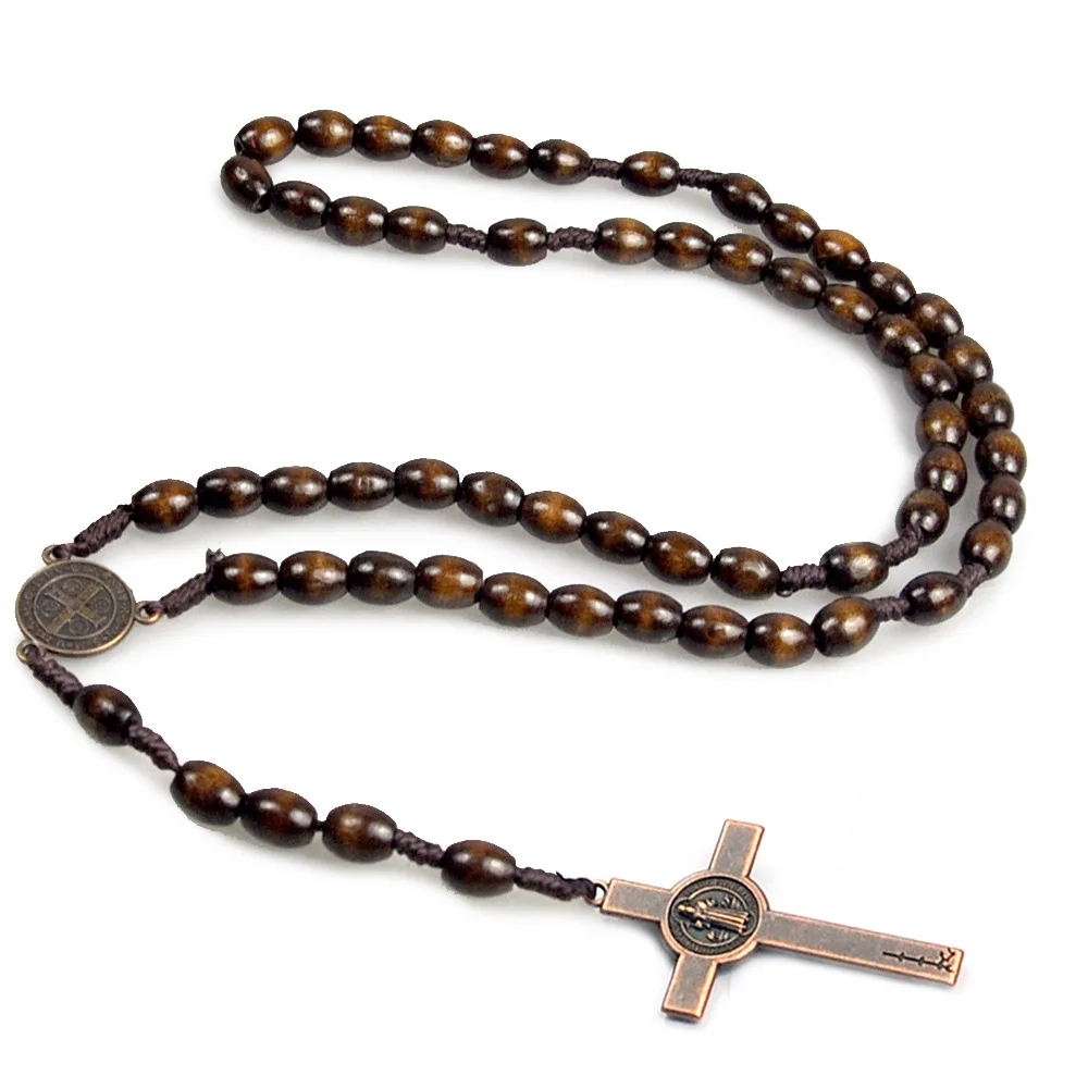 Handmade Catholic Pendant Necklace Jesus Saint Wood Beads Rosary Necklace Women Men Religious Holy Jerusalem Prayer Jewelry