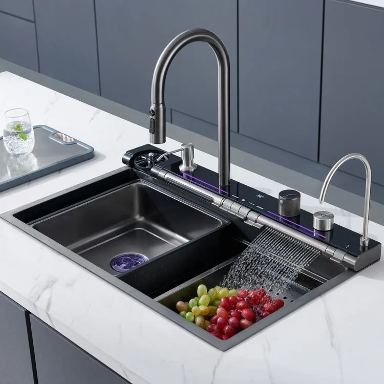 LED Digital Display Rainfall Kit Pia De Cozinha Inox Kitchen Sink Piano Key Nano Modern Smart Double Waterfall Kitchen Sink