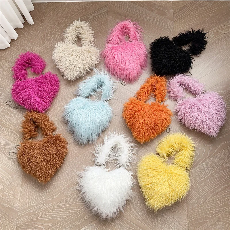 IDOIT Winter Imitation Beach Wool Furry Heart Shaped Purse Chain Shoulder Armpit Bag Fluffy Tote Bag
