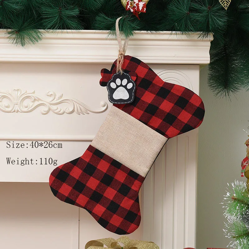 2022 Christmas Dog Stockings Linen Plaid Paw Print Pet Sublimation Stocking Holder Candy Gift Bag