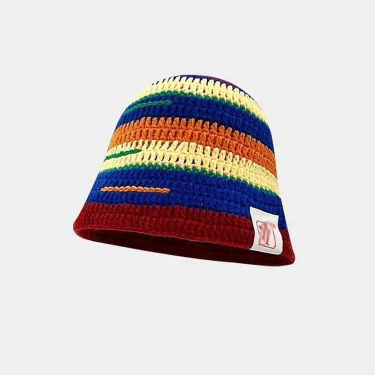 Winter Japanese Crochet Visor Girls Caps Color Striped Knitted Bucket Hat Adult Crochet Hats for Man