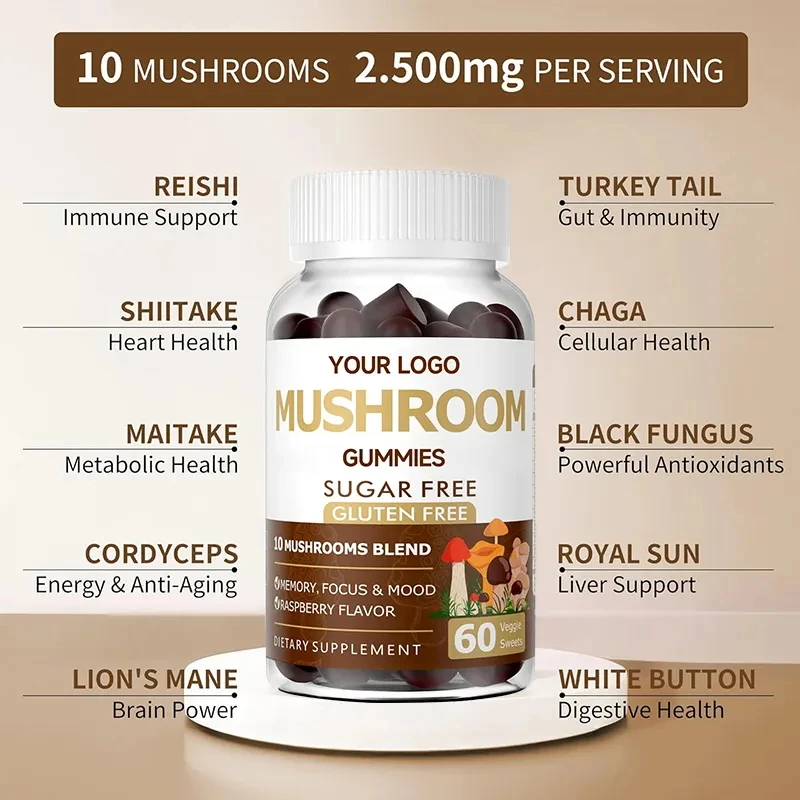 10 in 1 Mushroom Gummies For Focus Supply Private Labels Organic Mushroom Gummy