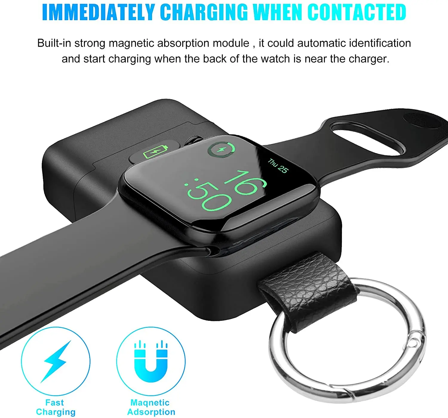 Portable Magnetic Wireless Charger Power Bank Type-C 1400mAh with Keychain for iWatch Series 7/6/SE/5/4/3/2/1/Nike+ (Black)