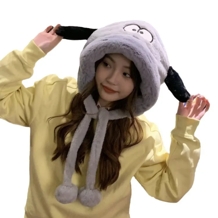 Cute Cartoon Puppy Plush Hat For Women Autumn And Winter Cycling Warm Ear Protection Hat Versatile Black And White Lace Up Hat