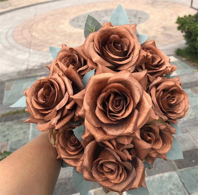 IFG Wholesale 9 Head Burnt Orange Autumnal Artificial Flower Roses Bouquet for Wedding Home Party Decoration