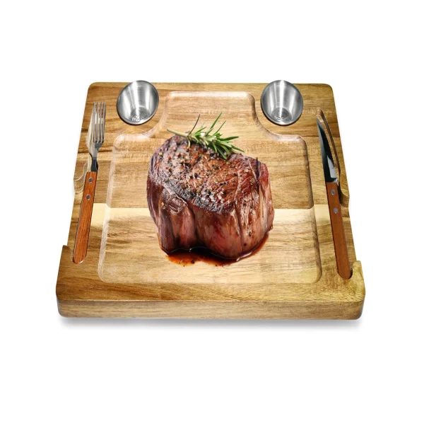 Оптовая продажа деревянная доска для стейка акации кухни разделочная 15 дюймов с вилкой мясного и фруктового
