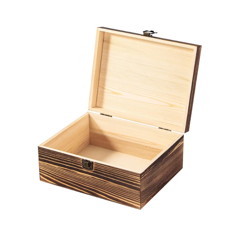 Vintage Wooden Storage Packaging Box Container with Hinged Lid Front Clasp Large Keepsake Box