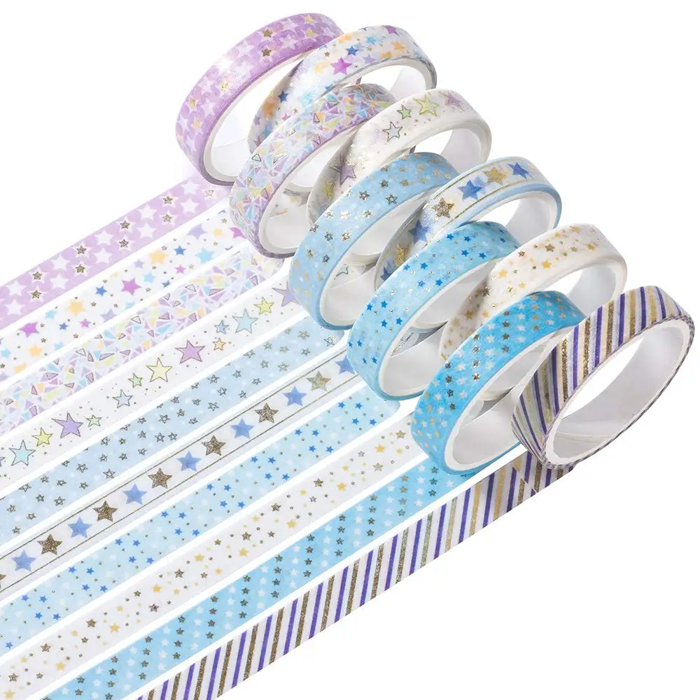 Sparkling Washi Tape Set of Stars Gold Foil Decorative Masking Blue Washi Tapes for Journal Scrapbook Planner DIY Crafts