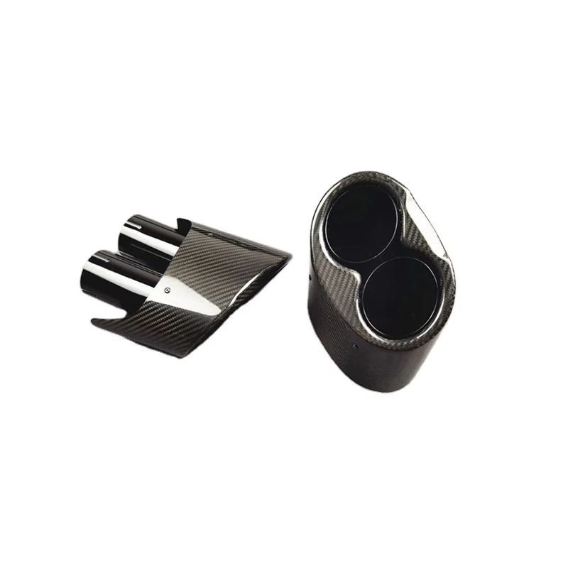 1 Set Double Glossy Black Carbon Car Rear Tail Pipes For Audi RS Style Universal Muffler Exhaust Tips