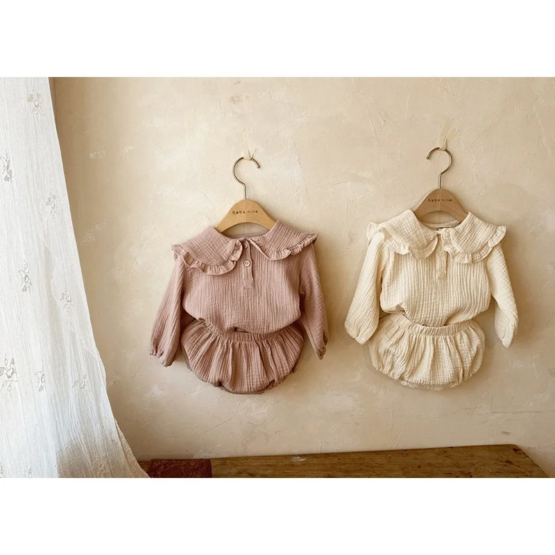 Baby Clothing Sets Wrinkle Cloth Thin Cotton Ruffle Collar Lapel Top+ Pants Set Newborn Clothes Neonatal Casual Suit 3-6 Months