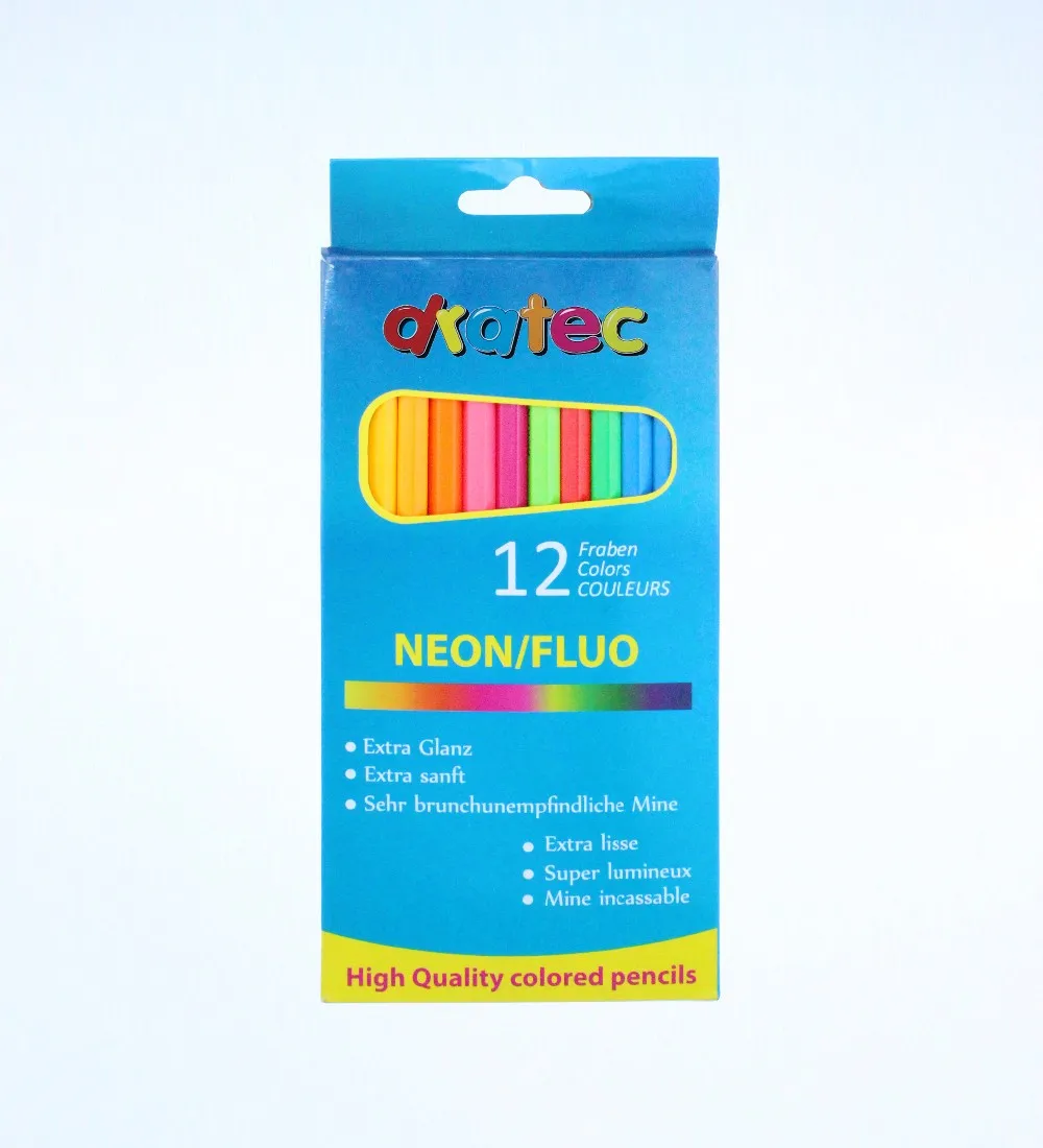 Full Length Standard 7' Customized logo 12 Pcs Neon Body Wooden Color Pencil Set in Paper Box