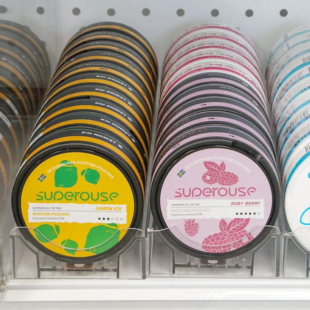 Hot Selling Wholesale Round Nicotine Pouches Flavors Sweden Circular Cigarette Case Supermarket Shelf Snus Cans Pusher