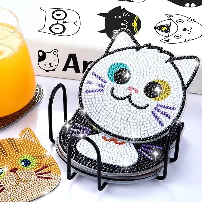 Diamond Painting Coasters Set  Cat Theme Diamond Art Coasters Painting Kits for Kids and Adult Diamond Dots Arts and Crafts DIY