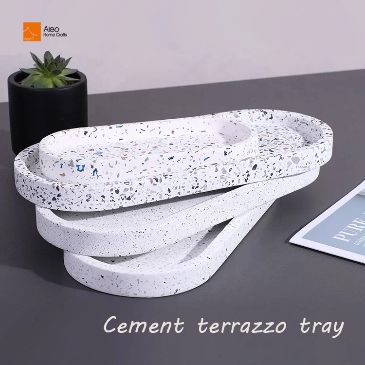 Oval Terrazzo Serving Tray for Bathroom Amenity Storage in Hotels and Home Use Cement Vanity Tray Decorative Trays