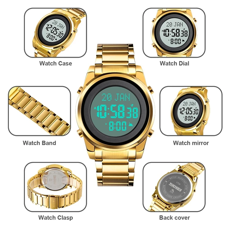 SKMEI Round Digital Watch For Men Qibla Time Reminder LED Golden Steel Religious Month Electronic Prayer Male Clocks 1734