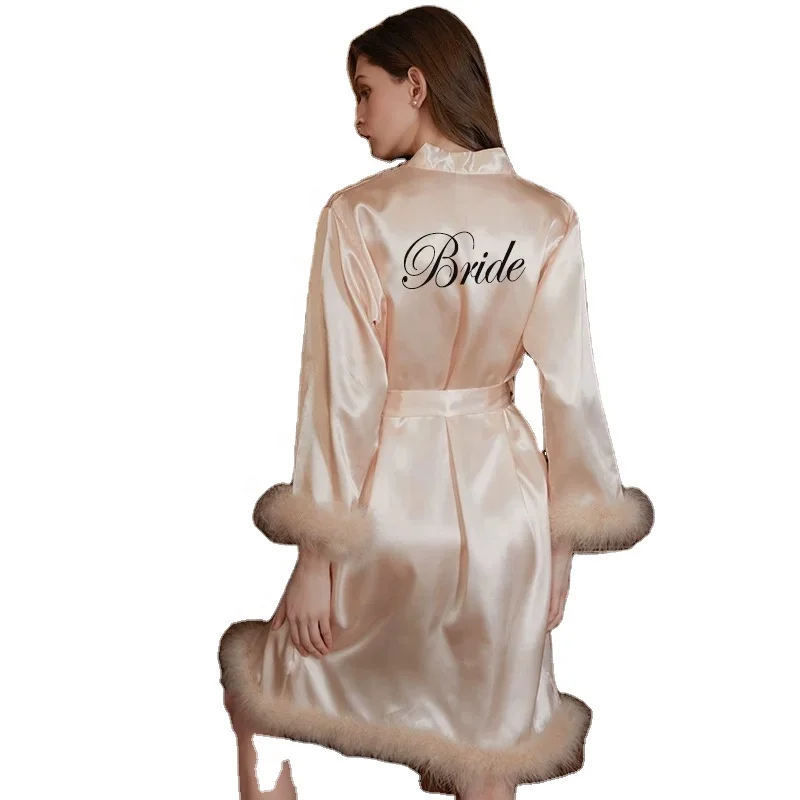 Wedding Bride Robe Dressing Gown Sexy Bridesmaid Bathrobe Nightgown Satin Short Sleepwear Fashion Solid Color Kimono With Fur