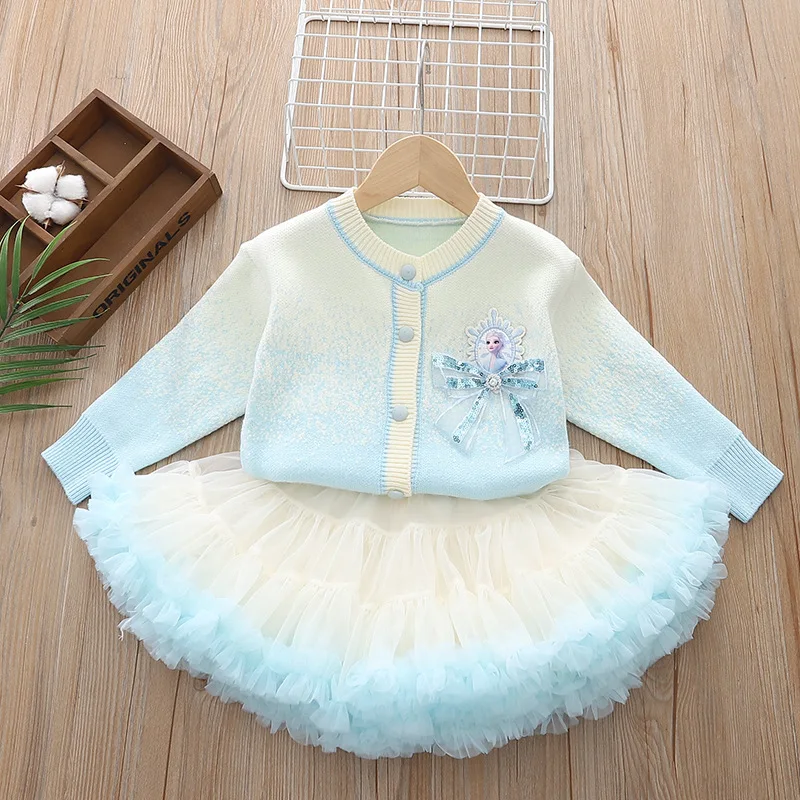 Girls Cotton pink Blue Sweater +tutk Skirt 2pcs Set Kids Long Sleeve Knit Top Clothing Sets
