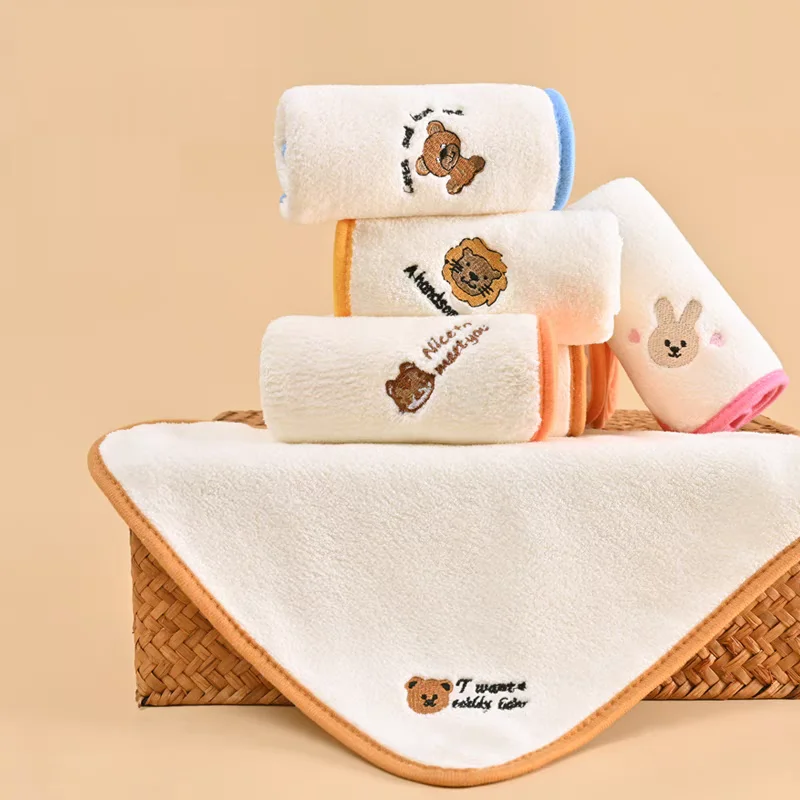 Wholesale Customized Baby Grade Soft and Absorbent Cleaning Embroidered Face Towels 30x30cm for Kindergarten Use