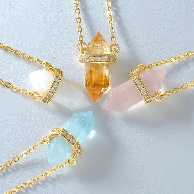 Joacii 925 Sterling Silver 18K Gold Plated Birthstone Original gems Hexagonal Prism Bullet Healing Moonstone Pendant Necklace