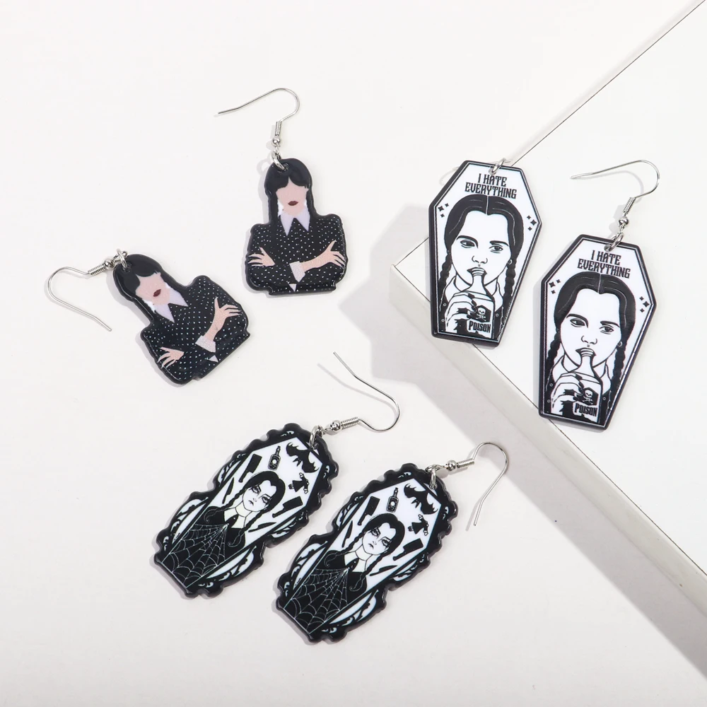 Hit movie Addams Family actress earrings twist braid little girl cute polka dot dress cartoon geometric acrylic drop earrings