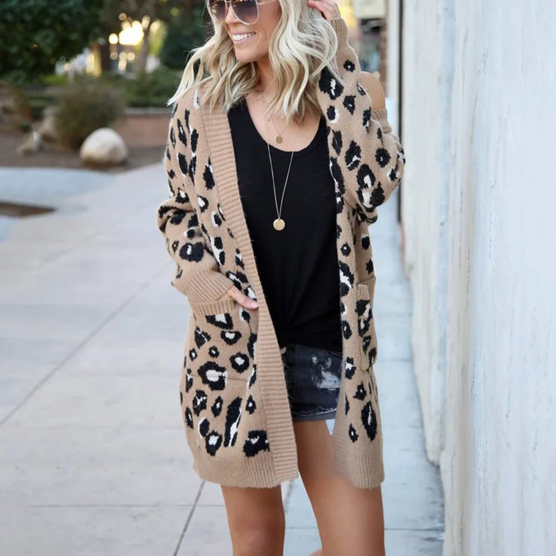 Fashion Leopard Lantern Sleeve Women Long Cardigan Sweater Fall Winter Knitted Casual Single Breasted Women Cardigan Sweater