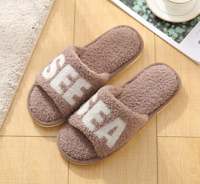 Coffee Open-Toed Slippers With Teddy Velvet Surface For Home Floor Shoes
