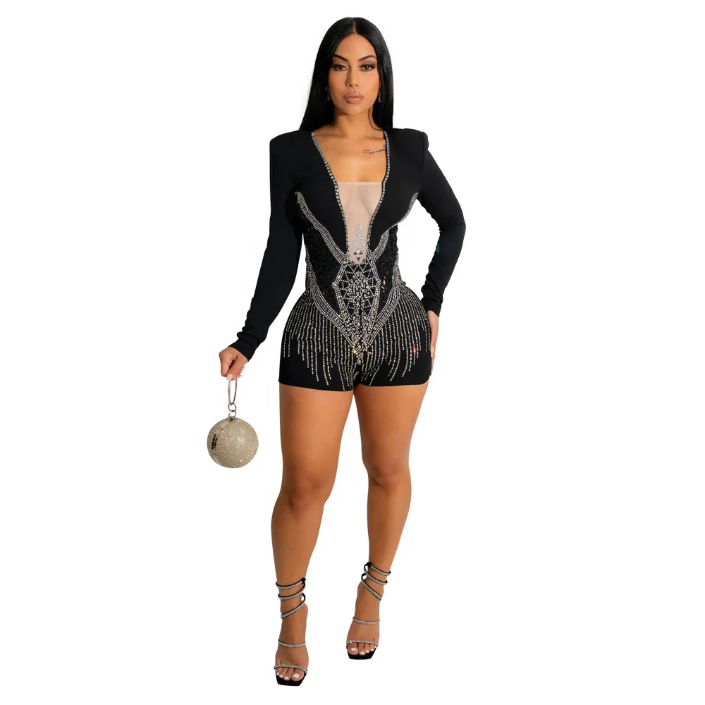 Luxury Women Crystal Rhinestone High Waist Shorts Jumpsuit Summer Black Long Sleeve Bodycon Party Rompers Jumpsuit Overalls